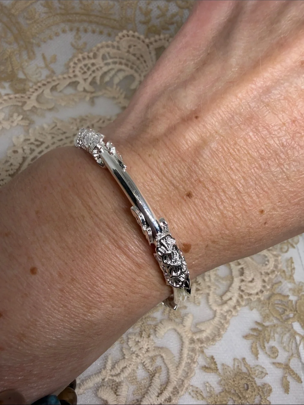 925 Sterling Silver Lace Leaf Adjustable Bangle Bracelet Heirloom French Market